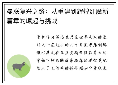 曼联复兴之路：从重建到辉煌红魔新篇章的崛起与挑战